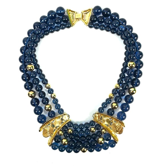 Vintage signed Napier multi-strand statement necklace blue, gold & green beads - Picture 7 of 11